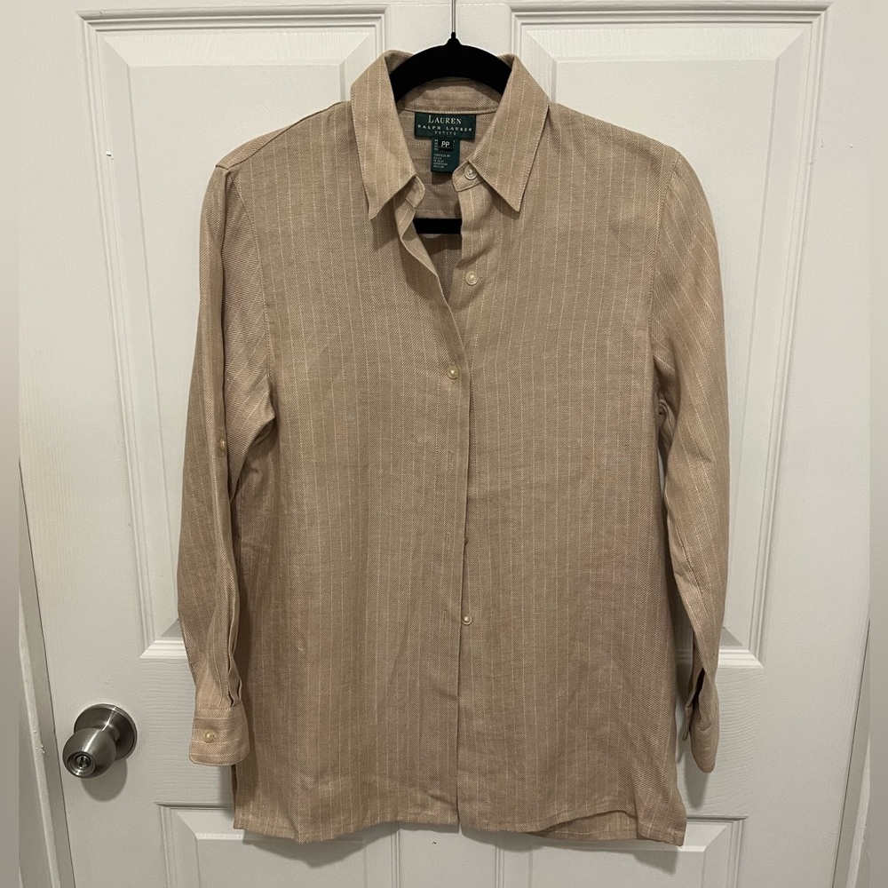 Lauren Ralph Lauren Point Collar Long Roll-Tab Sleeve Button Front Linen Shirt